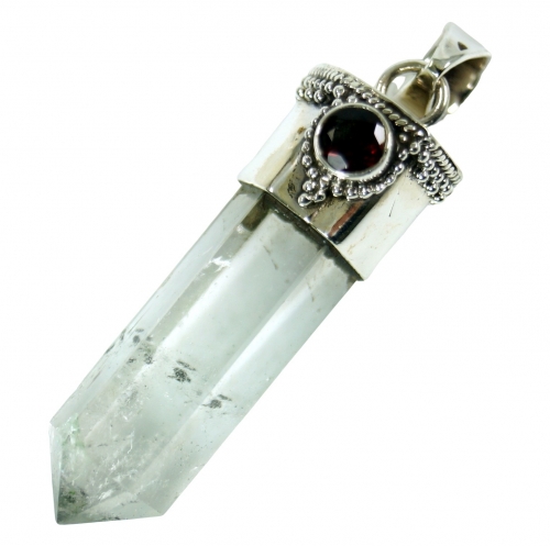 Hexagonal pendant in silver setting, boho silver pendant - rock crystal/garnet - 3,5x1x1 cm 