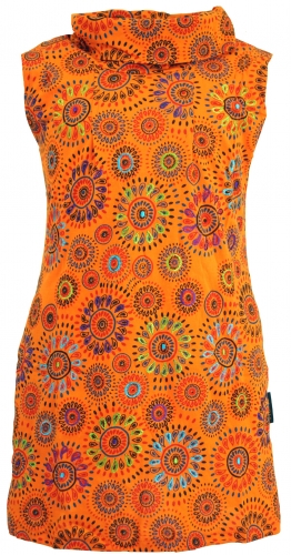 Embroidered girls` tunic with shawl collar, short-sleeved ethnic mini dress - orange