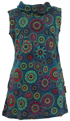 Embroidered girls` tunic with shawl collar, short-sleeved ethnic mini dress - petrol