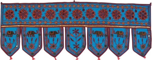 Bestickter indischer Wandbehang mit Spiegelchen, Wimpel, Trbehang - hellblau - 35 cm