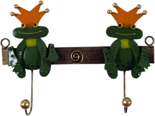 Hook rail with figures, ethno coat hooks, metal coat hooks - two frog kings - 15x26 cm