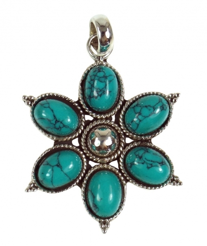 Ethno blossom silver pendant, Indian boho pendant - turquoise 3 cm