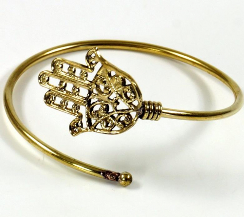 Boho bracelet Fatima`s hand, brass bangle - gold 6 cm
