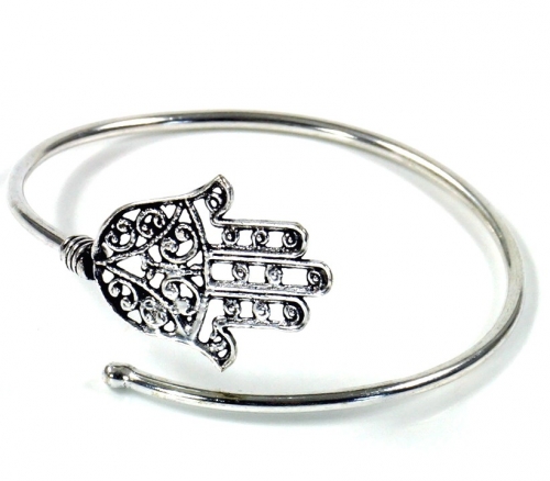 Boho bracelet Fatima`s hand, brass bangle - silver 6 cm