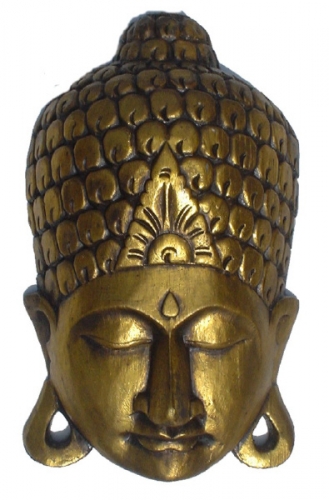 Goldene Buddha Maske, geschnitzter Wandschmuck, Ethno Wanddekoration aus Balsaholz - 40 cm Design 3