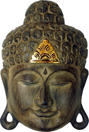Geschnitzte Buddha Maske mit Goldverzierung, Wandschmuck, Ethno Wanddekoration aus Balsaholz