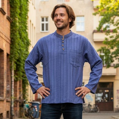 Nepal Fischerhemd, gestreiftes Goa Hippie Hemd, Yogahemd - blau