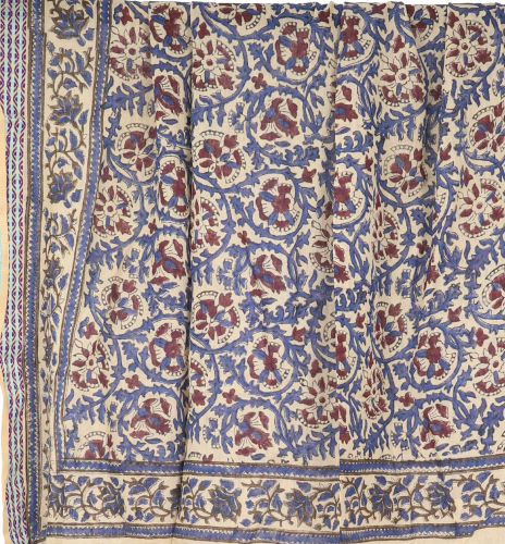 Leichter Pareo, Sarong, handbedrucktes Baumwolltuch, Lungi mit Webbord�re - blau/bordeauxrot - 190x120 cm