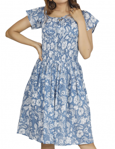 Boho Minikleid, handbedrucktes luftiges Sommerkleid, Baumwollkleid - blau