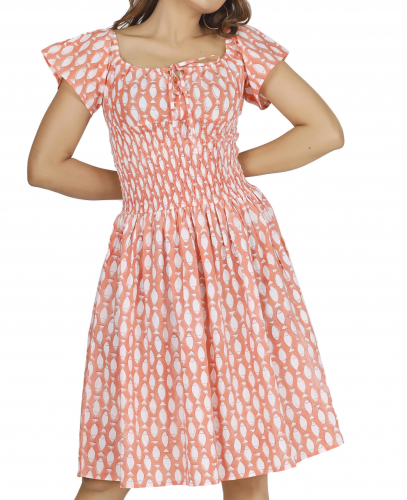 Boho Minikleid, handbedrucktes luftiges Sommerkleid, Baumwollkleid - apricot
