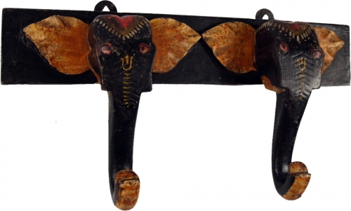 Wooden double wall hook elephant, hook rail, coat rack/black - 16x32x6 cm 