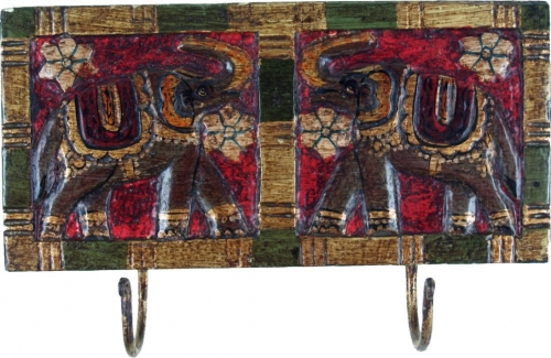 Indian vintage hook rail, coat rack, key board - elephant/dark - 12x25x4 cm 