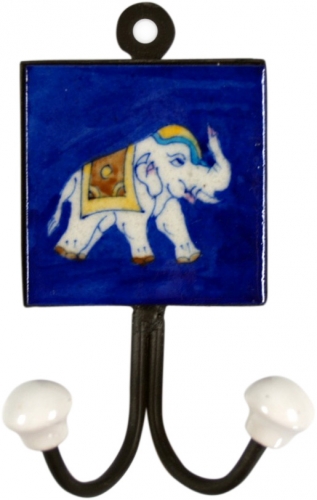 Double wall hook, coat hook with handmade blue Pottery ceramic tile - Model 2 - 15x10x5,5 cm 