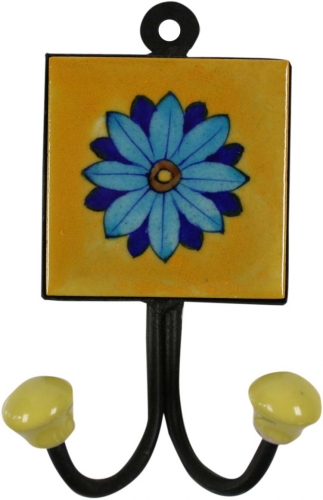 Double wall hook, coat hook with handmade blue Pottery ceramic tile - model 14 - 15x8x4 cm 