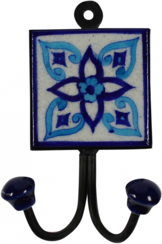 Double wall hook, coat hook with handmade blue Pottery ceramic tile - Model 8 - 15x8x4 cm 