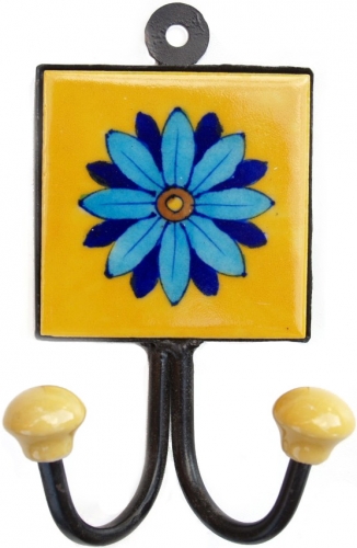 Double wall hook, coat hook with handmade blue Pottery ceramic tile - Model 6 - 15x8x4 cm 