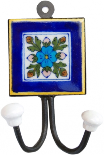 Double wall hook, coat hook with handmade blue Pottery ceramic tile - Model 13 - 15x10x5,5 cm 