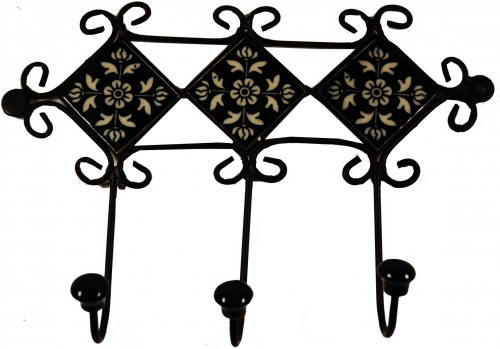 Three coat hooks, boho wall hooks with tiles, vintage coat hooks, towel rail - model 11 - 21x28x6 cm 