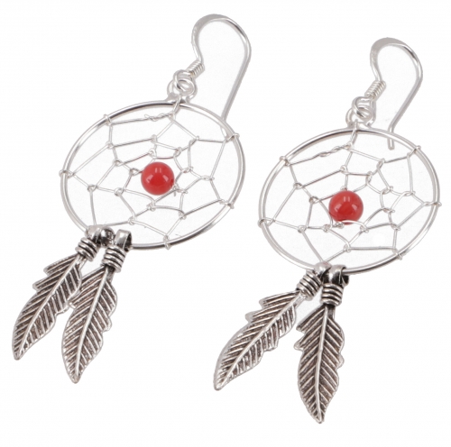 Silver earrings with dreamcatcher boho earrings coral - model 3 - 4,5x2 cm