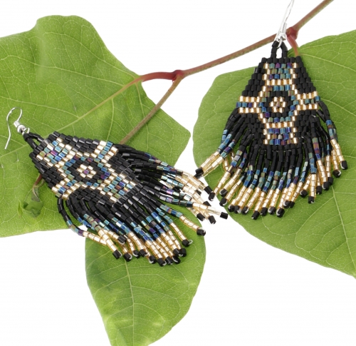Indigenous jewelry, boho earrings, ethnic beaded earrings - black - 8x3 cm