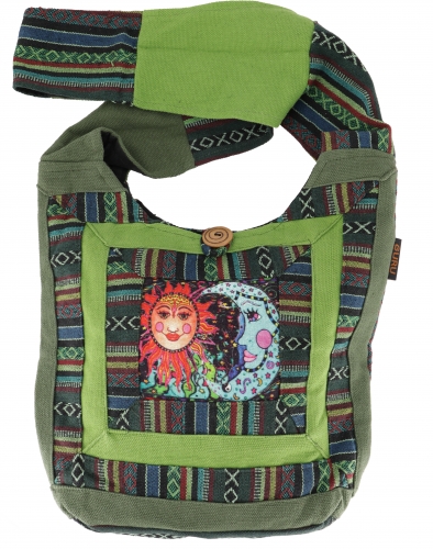Shoulder bag, hippie bag, goa shoulder bag with sun and moon - olive green/lemon - 30x30x8 cm 