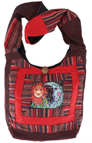 Schultertasche, Hippie Tasche, Goa Schulterbeutel mit Sonne und Mond - rot - 30x30x8 cm 
