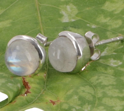 Indische Silber Ohrstecker, runder Boho Ohrstecker - Mondstein - 0,8x0,8x0,5 cm 