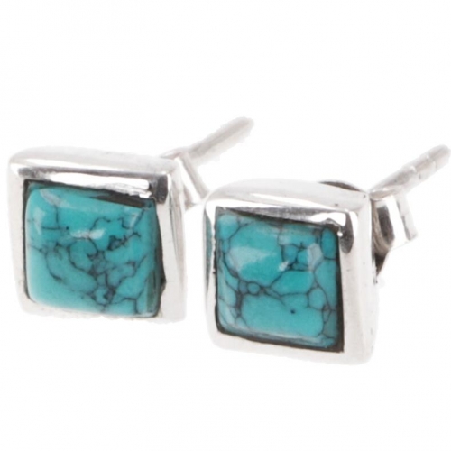 Indian stud earrings, boho ear jewelry square, silver stud earrings - turquoise - 0,7x0,7x0,5 cm 
