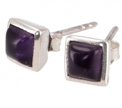 Indian stud earrings, boho ear jewelry square, silver stud earrings - amethyst - 0,7x0,7x0,5 cm 