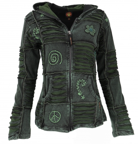 Goa patchwork jacket, boho hooded jacket - dark green