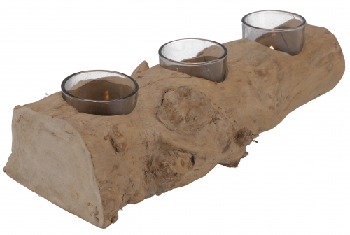 Burl wood candle holder - with 3 candle jars - 8x30x12 cm 
