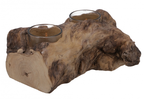 Burl wood candle holder - with 2 candle jars - 8x20x12 cm 