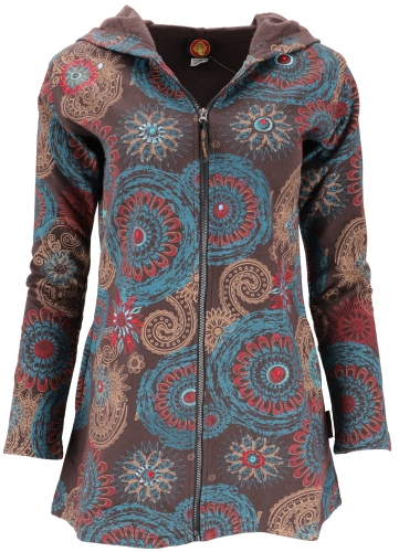 Long boho hippie chic jacket, embroidered jacket - chocolate brown/petrol
