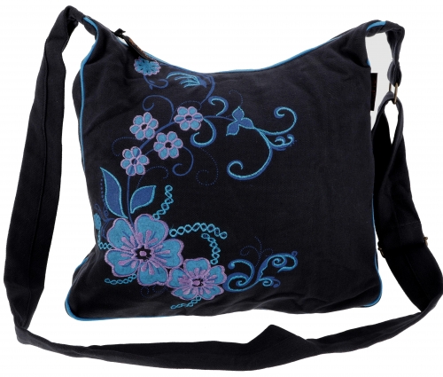 Spacious shoulder bag, hippie bag, goa bag - black/turquoise - 30x32x15 cm 