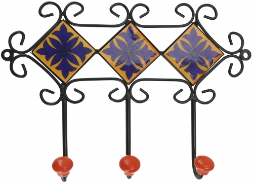 Three coat hooks, boho wall hooks with tiles, vintage coat hooks, towel rail - model 8 - 21x28x6 cm 
