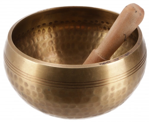 Singing bowl from Nepal, handmade from solid brass with hammered decorations, incl. clapper -  15 cm