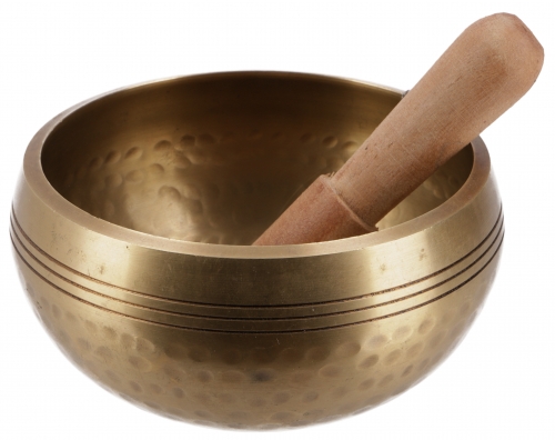 Singing bowl from Nepal, handmade from solid brass with hammered decorations, incl. clapper -  13 cm