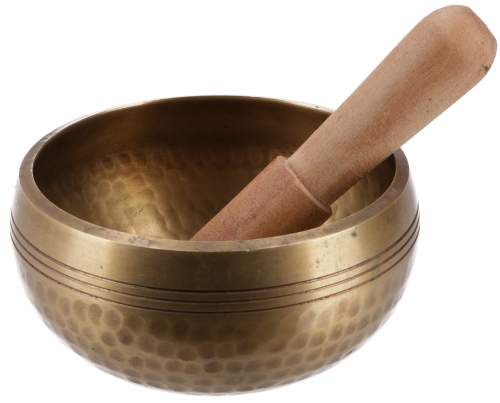 Singing bowl from Nepal, handmade from solid brass with hammered decorations, incl. clapper -  11.5 cm