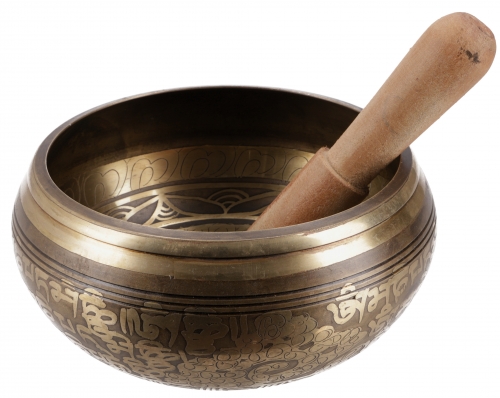 Singing bowl from Nepal, handmade from solid brass with ornaments, incl. clapper -  14.5 cm Model 9