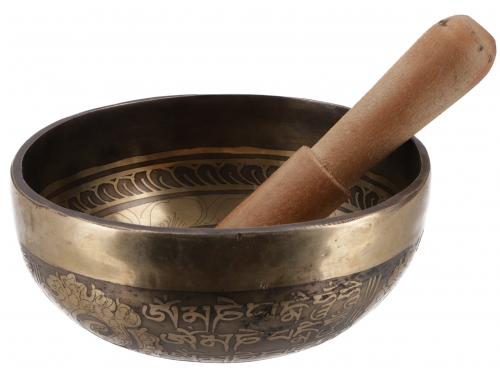 Singing bowl, handmade in Nepal with Buddhist/Tibetan ornaments, incl. clapper -  13 cm model 4