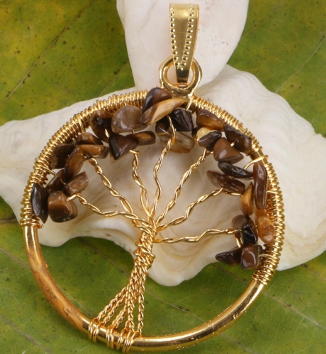 Lebensbaum Amulett, goldener Kettenanhnger `Tree of life` - Tigerauge 3,5 cm