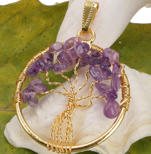 Tree of life amulet, golden pendant `Tree of life` - amethyst 3,5 cm