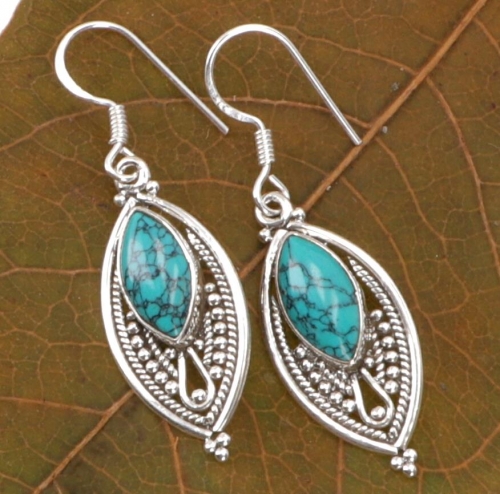 Indian silver earrings, ethnic earrings, boho ornament earrings - turquoise - 3,5x1 cm