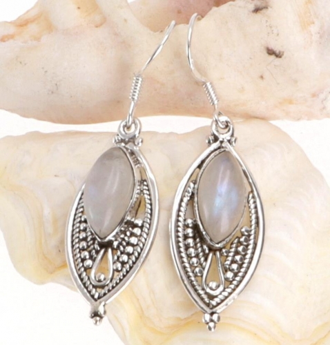Indian silver earrings, ethno earrings, boho ornament earrings - moonstone - 3,5x1 cm