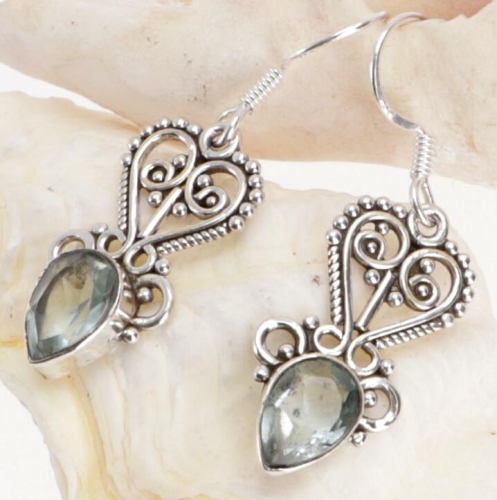 Indian silver earrings, filigree ethno earrings, boho ornament earrings - aquamarine - 3,5x1 cm