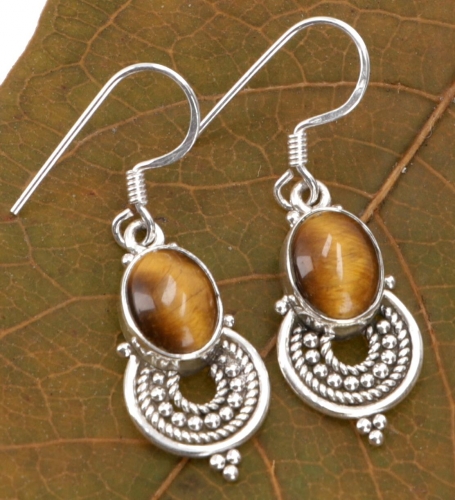 Indian silver earrings, ethno earrings, boho ornament earrings - tiger`s eye - 2,5x0,8 cm