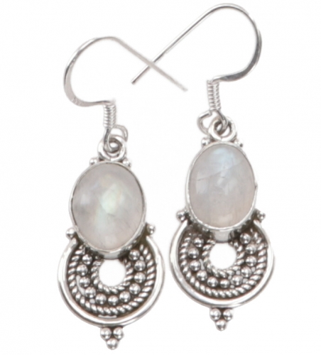 Indian silver earrings, ethno earrings, boho ornament earrings - moonstone - 2,5x0,8 cm