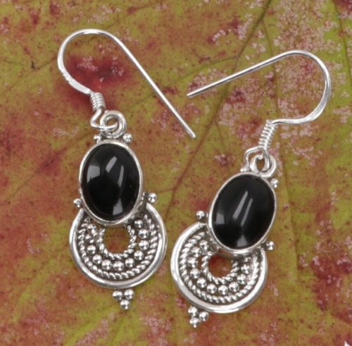 Indian silver earrings, ethno earrings, boho ornament earrings - onyx - 2,5x0,8 cm