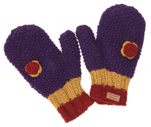Handschuhe, gestrickte Fausthandschuhe mit Häkelblümchen Nepal - violett