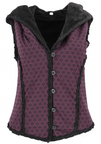 Short Goa vest with wide, fluffy hood `Flower of Life` - purple